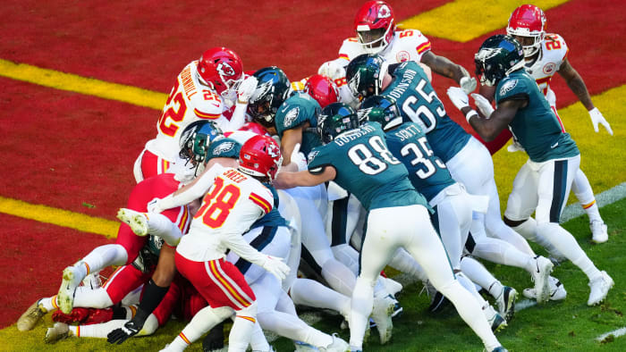 The Philadelphia Eagles run the Tush Push quarterback sneak against the Kansas City Chiefs in Super Bowl LVII.